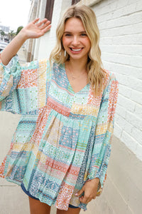 MINT PEACH BOHEMIAM PRINTED PATCHWORK 3/4 BUBBLE SLEEVE VNECK TOP-PLUS