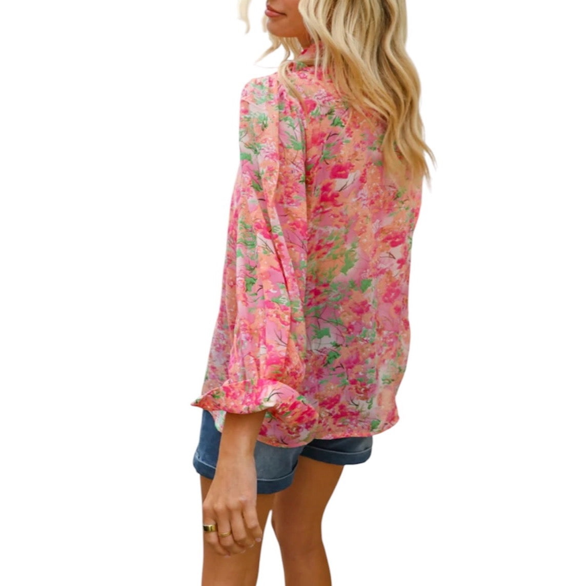 CLASSY CHIC ROSE FLORAL RUFFLE BUTTON DOWN CHIFFON BLOUSE- SALE- SMALL, MEDIUM & LARGE AVAILABLE
