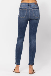 MEDIUM WASH MID RISE SKINNY WITH HANDSANDING JUDY BLUE DENIM-PLUS