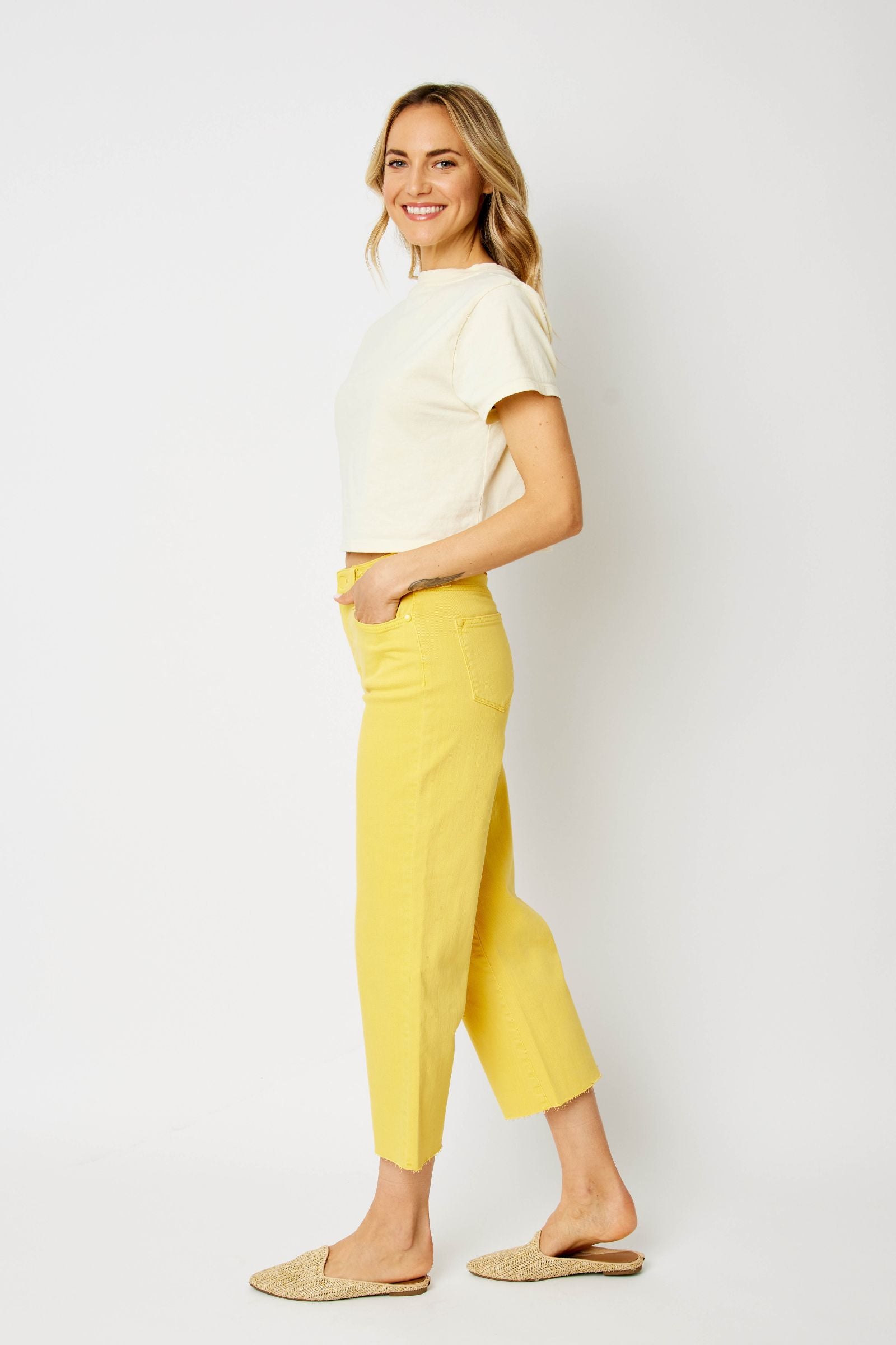 YELLOW HIGH WAIST GARMENT DYED BRAIDED WAISTBAND CROP WIDE LEG DENIM JUDY BLUE