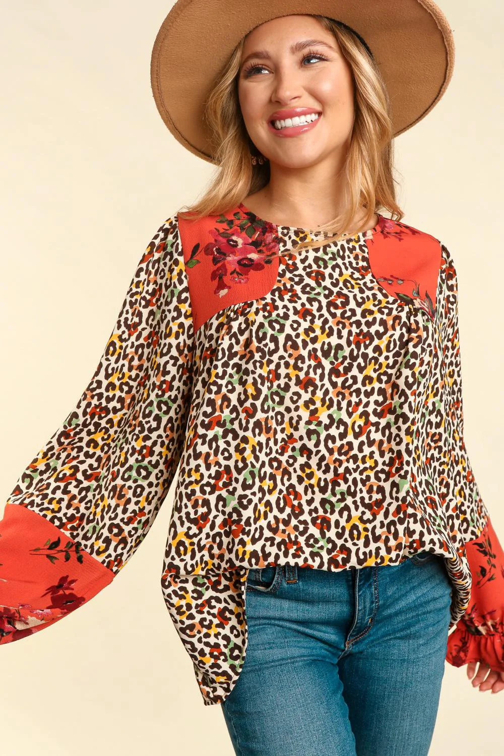 RUST MUSTARD ANIMAL PRINT COLORBLOCK FORAL BLOUSE