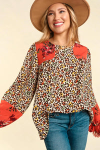 RUST MUSTARD ANIMAL PRINT COLORBLOCK FORAL BLOUSE