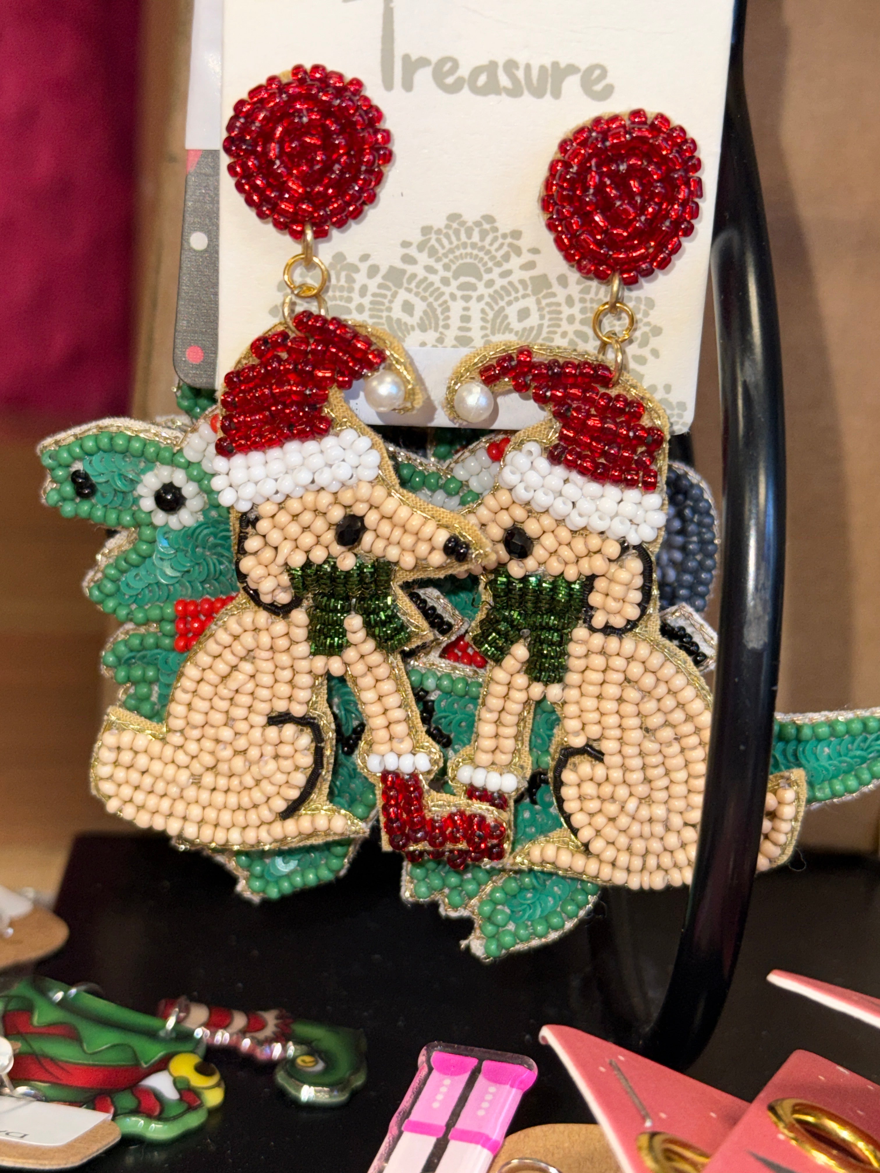 DOG SEEDBEAD SANTA HAT CHRISTMAS EARRINGS