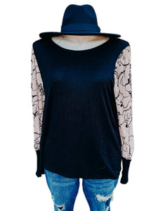 Black Soft Hacci Floral Lace Sleeve Sweater Top