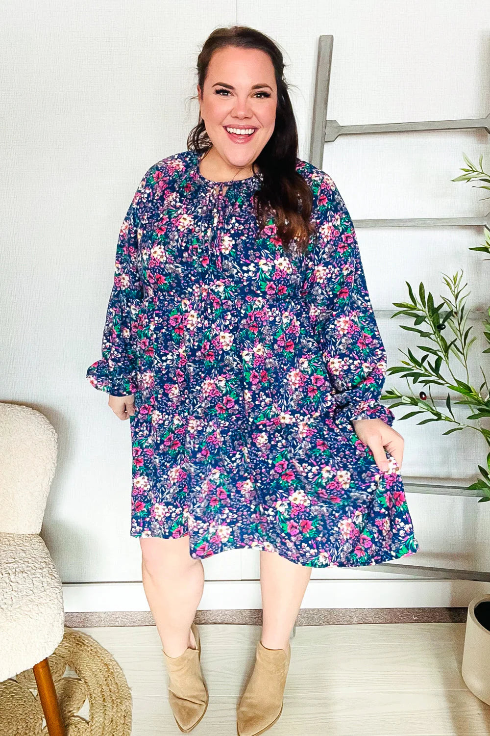 NAVY FLORAL BOW TIE BABYDOLL LONG SLEEVE RUFFLE DRESS