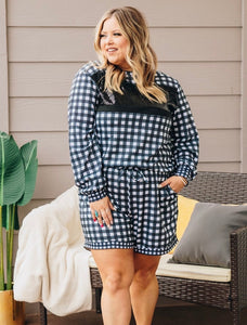 Style In Gingham Sequins Black White 2pc Loungewear Set Pjs Longsleeve & Shorts