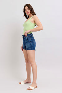 DARKWASH HIGH WAIST DOUBLE BUTTON WAISTBAND SHORTS JUDY BLUE DENIM