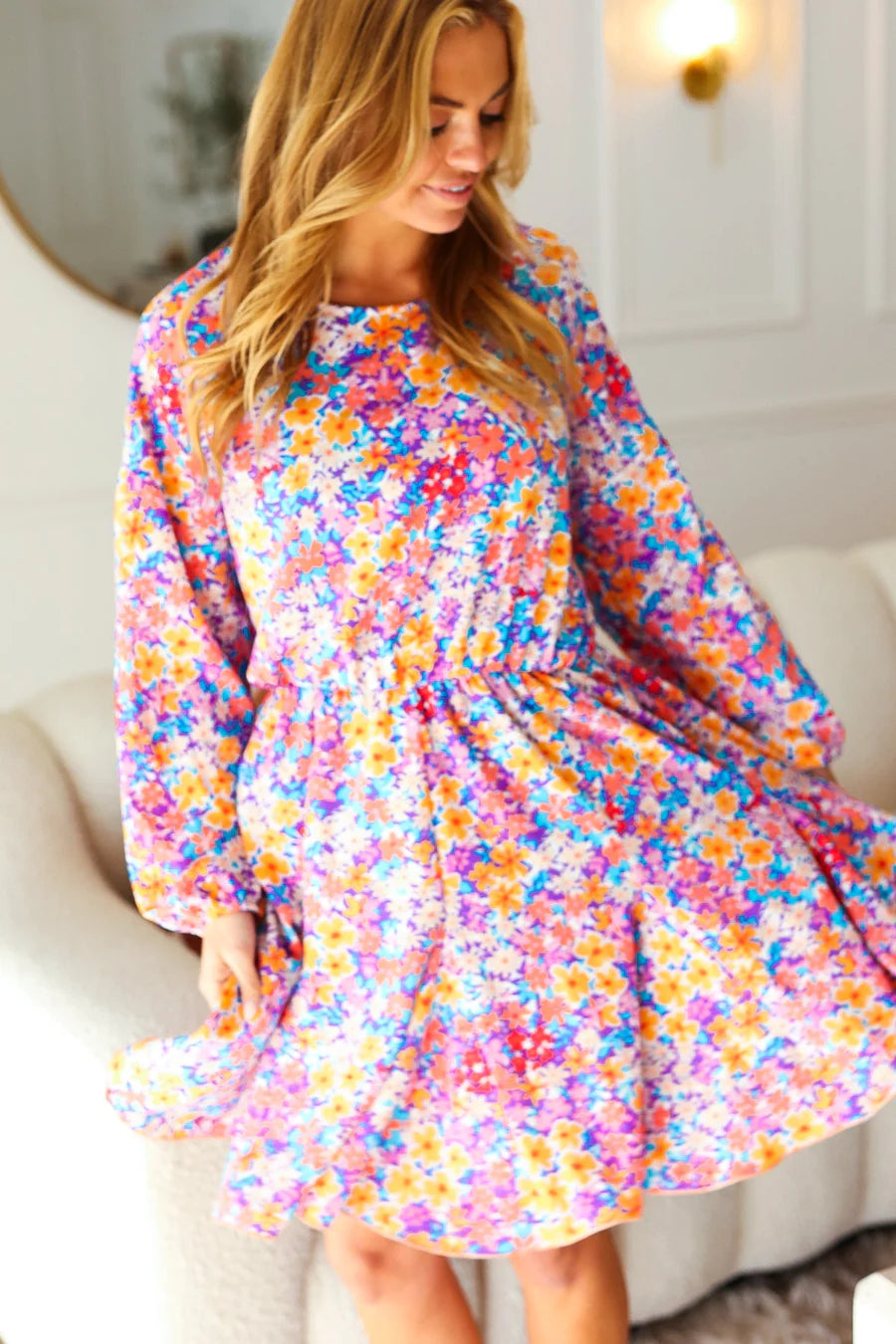 LILAC FLORAL PRINT LONG SLEEVE DRESS-PLUS