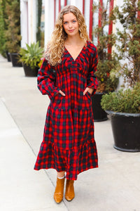 CHRISTMAS PLAID RUFFLE VNECK ELASTIC WAIST MAXI DRESS