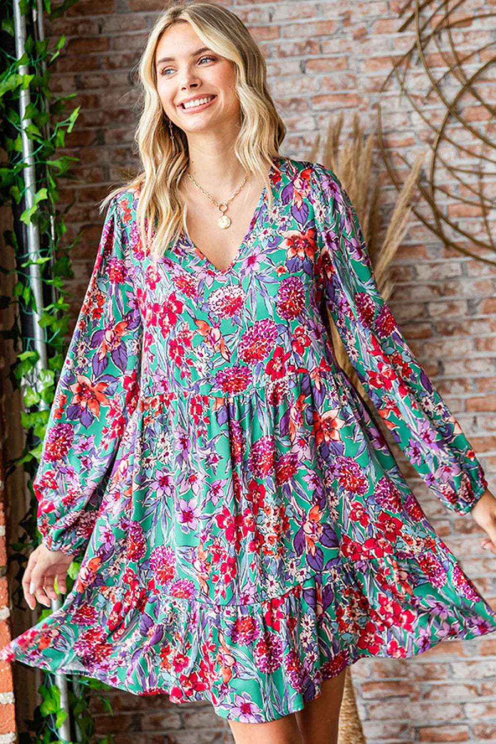 TEAL HOT PINK FLOWERS LONGSLEEVE TIERED DRESS