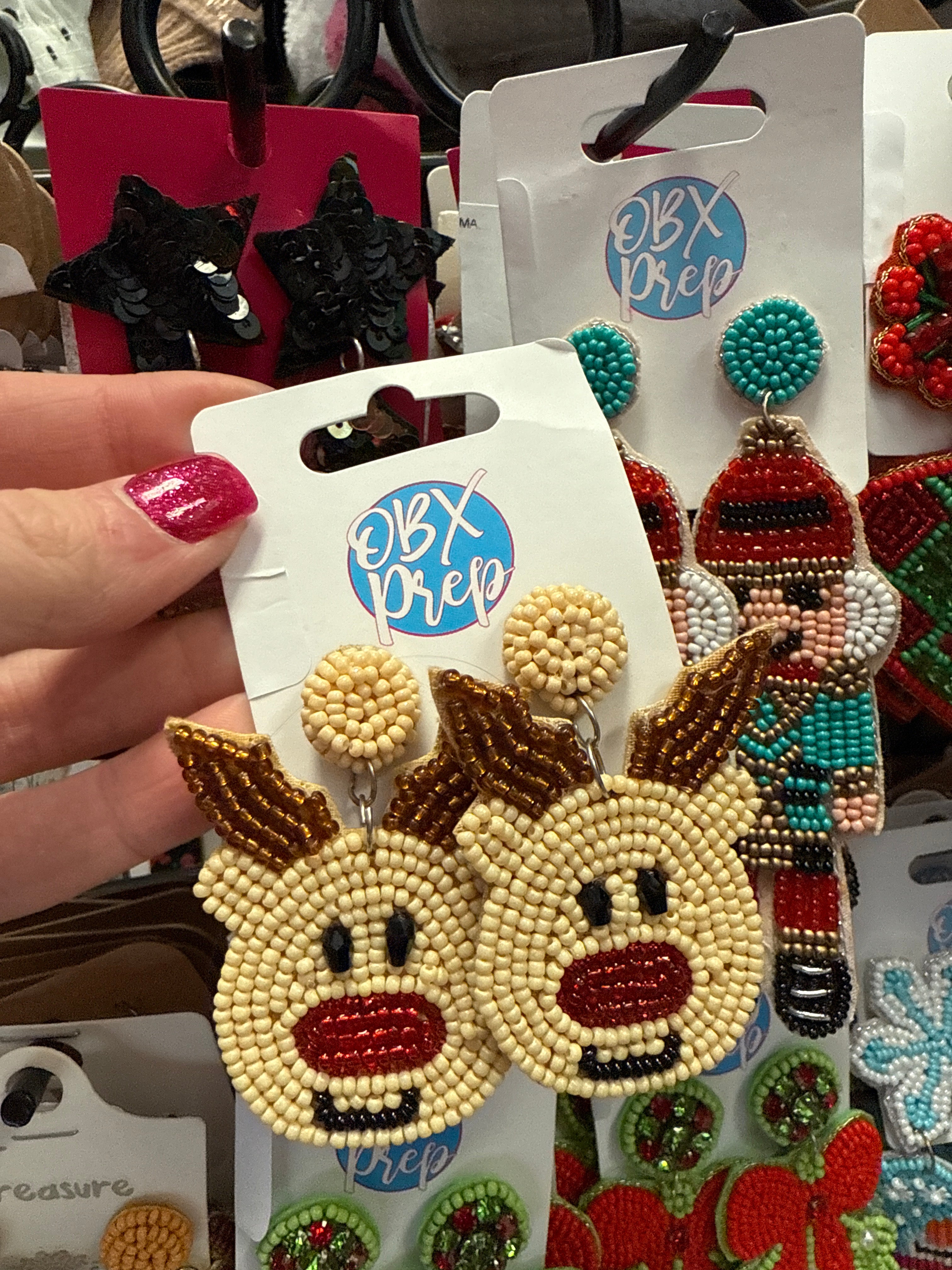 REINDEER *RED NOSE* SEEDBEAD DANGLE CHRISTMAS EARRINGS