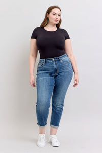 MID RISE VINTAGE WASH DARK WASH NON DESTROY BOYFRIEND FIT JUDY BLUE DENIM-PLUS