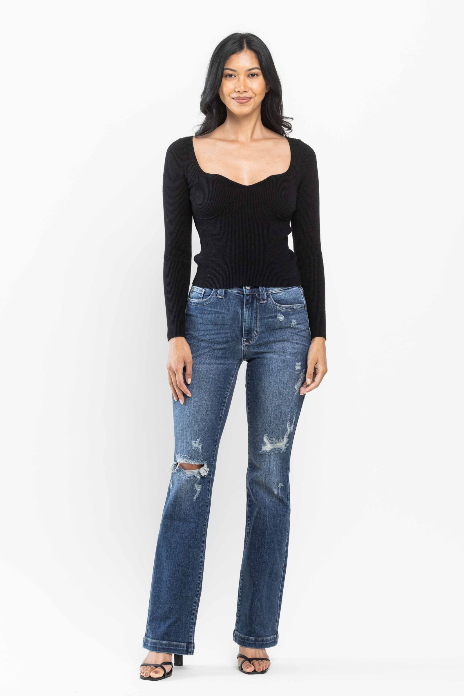 DARKWASH MID RISE HAND SAND DESTROYED BOOTCUT JUDY BLUE DENIM-PLUS