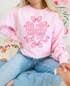 THE PINK PINEAPPLE BOUTIQUE LOGO SWEATSHIRT EST 2017 RIBBON BOWS PINK