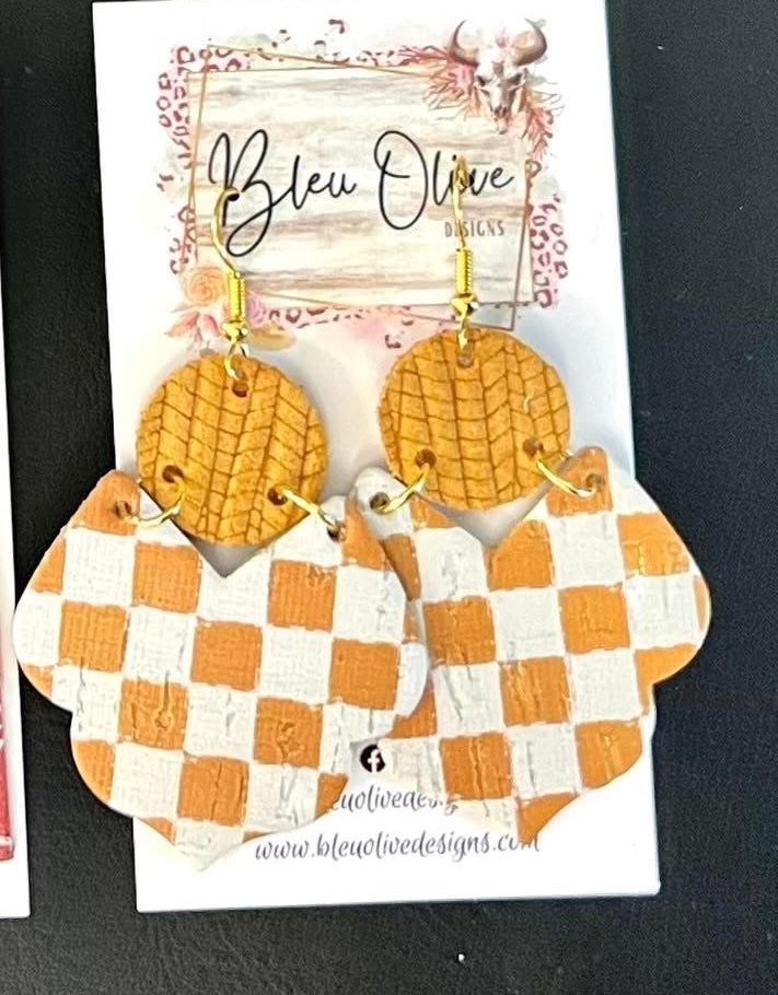 MUSTARD SCALLOPED EDGES CHECKERED PRINT TWO TIER HANDMADE EARRINGS BY B.O.D