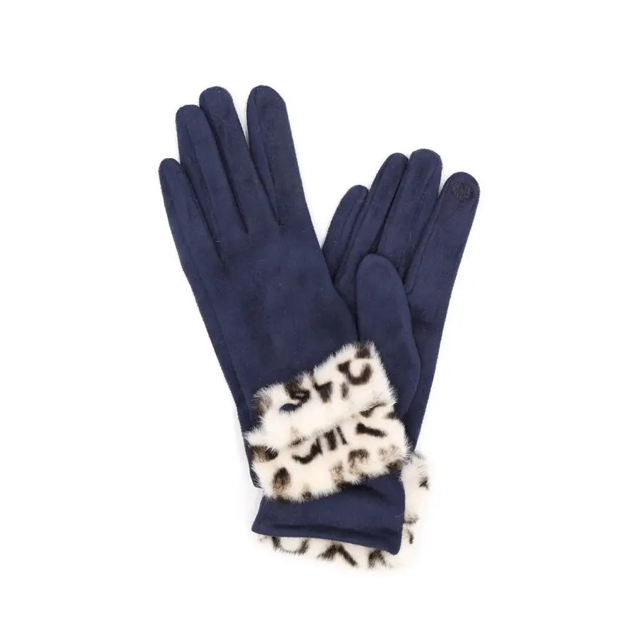 LEOPARD FUR TRIM SUEDE SMART PHONE - TOUCH SCREEN WARM & SOFT GLOVES