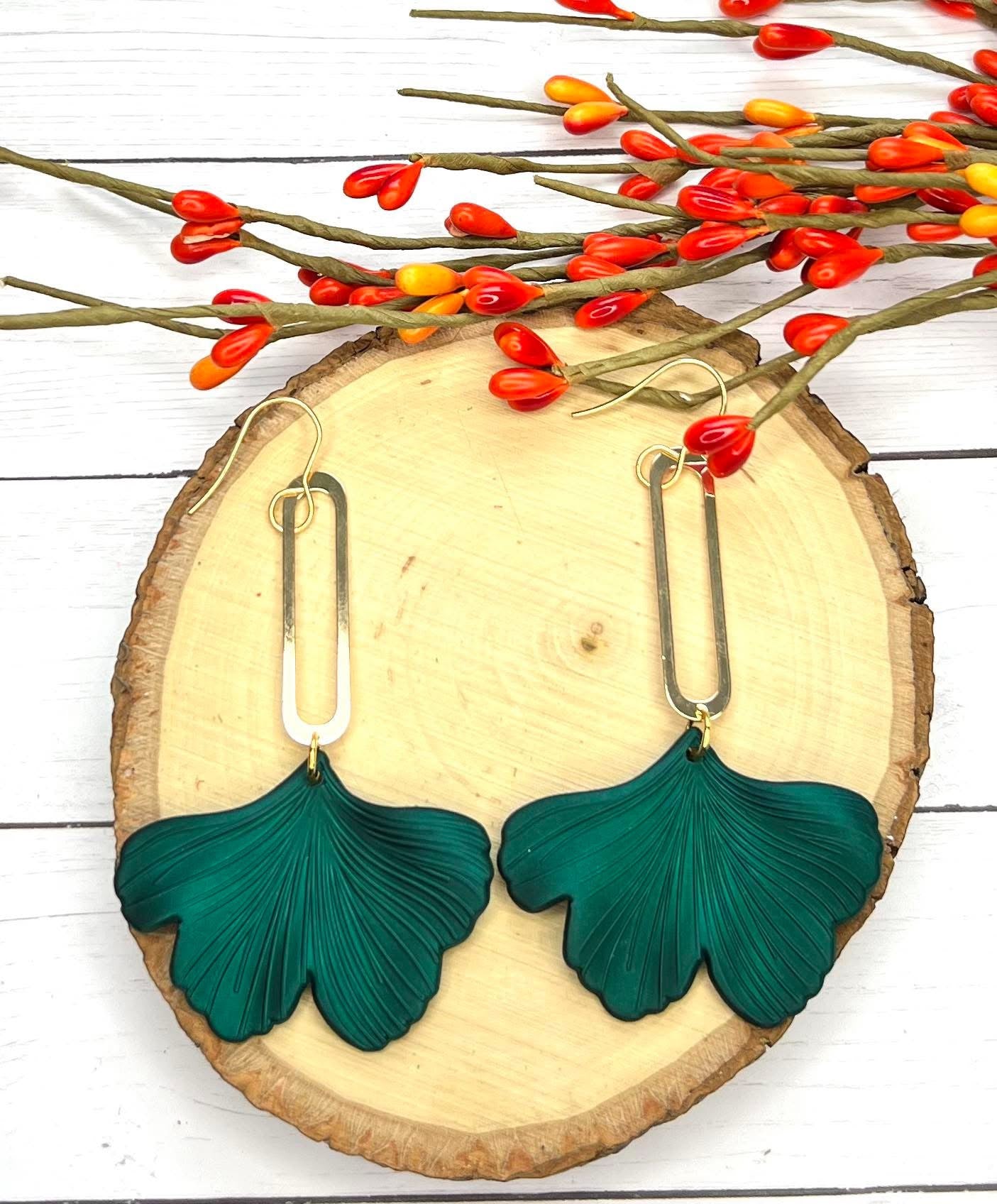 GINKGO LEAVES WITH GOLD ELONGATED OVAL HARDWARE HANDMADE EARRINGS BY B.O.D