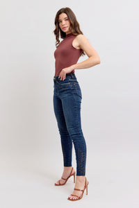 DARKWASH WESTERN EMBROIDERY DETAIL HIGH WAIST SKINNY JUDY BLUE DENIM
