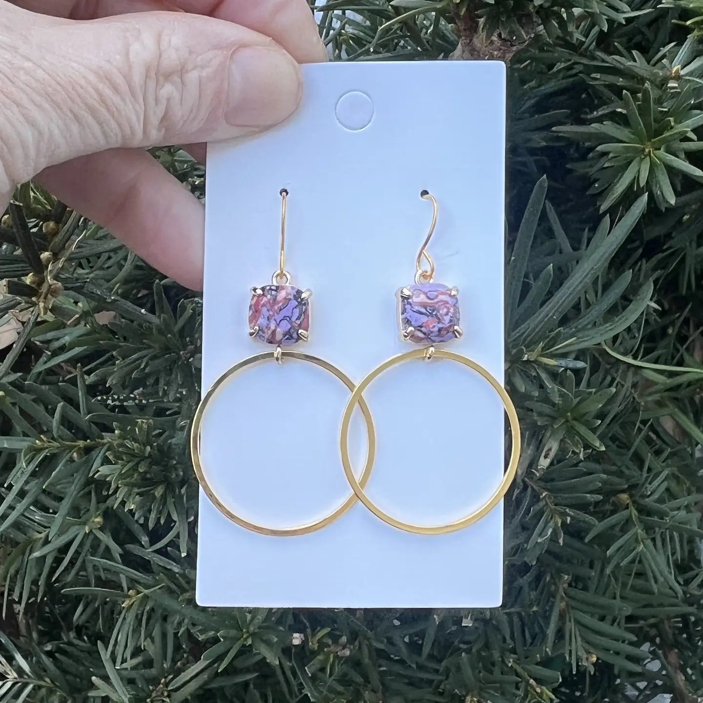 PINK PURPLE GEM STONE GOLD HOOP STATEMENT HANDMADE BBB EARRINGS