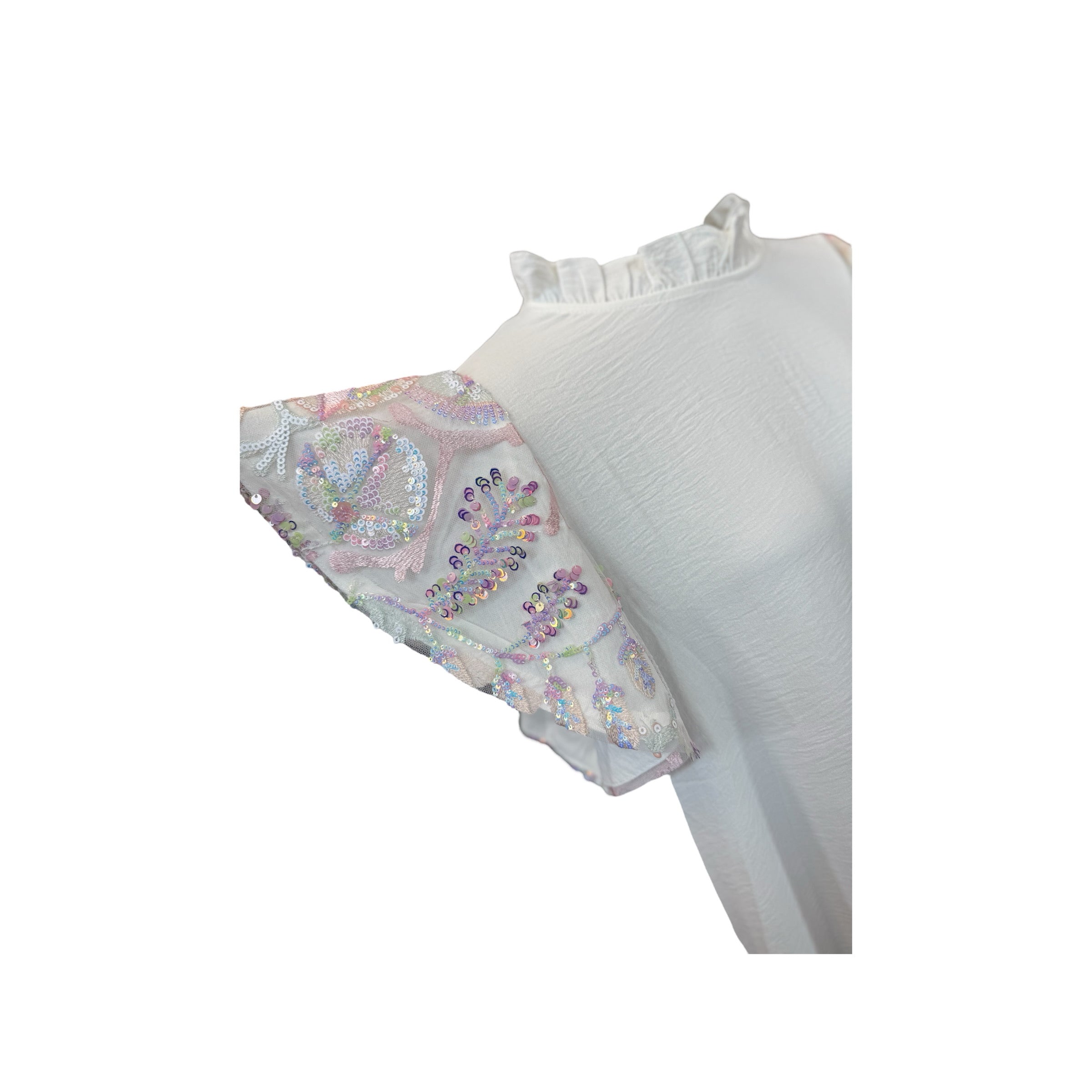 WHITE IRIDESCENT SEQUIN FLUTTER SLEEVE BLOUSE- SALE- MEDIUM & LARGE AVAILABLE