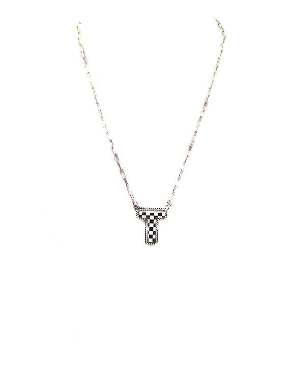 CHECKERED BUBBLE INITIAL BLACK & WHITE ON SILVER CHAIN WITH 18" + 3" EXTENDER NECKLACE