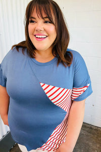 RED BLUE STAR STRIPE DETAIL FRENCH TERRY PATRIOTIC TOP- MEDIUM