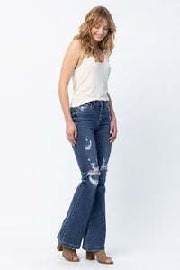 DARKWASH MID RISE TROUSER FLARE BUTTON FLY WITH DESTROYED DETAILS JUDY BLUE DENIM