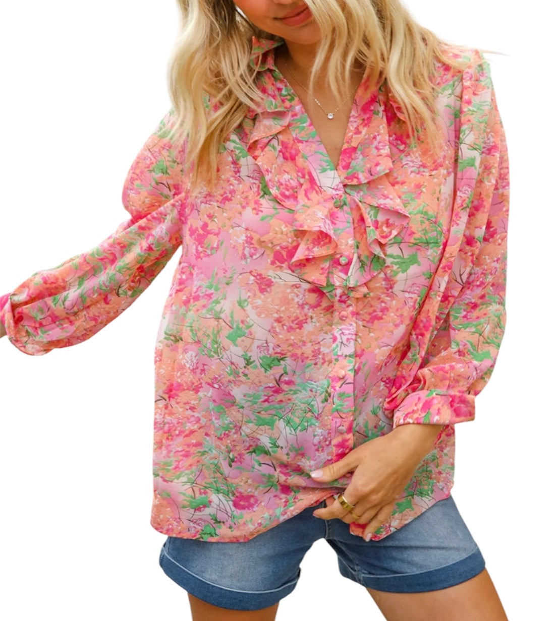 CLASSY CHIC ROSE FLORAL RUFFLE BUTTON DOWN CHIFFON BLOUSE- SALE- SMALL, MEDIUM & LARGE AVAILABLE
