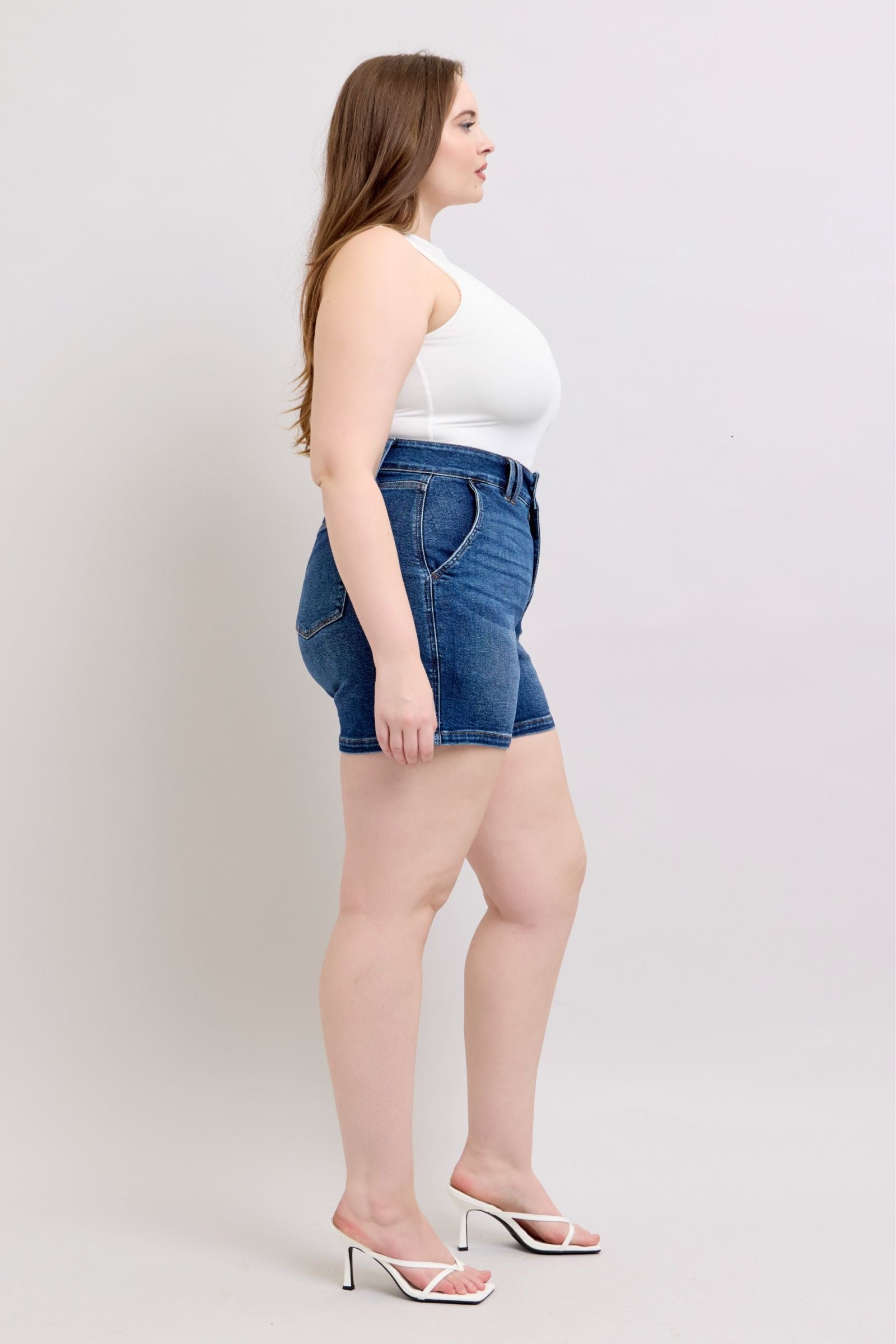 DARKWASH HIGH WAIST DOUBLE BUTTON WAISTBAND SHORTS JUDY BLUE DENIM