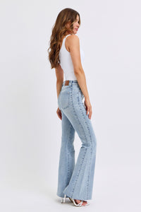 MID RISE RHINESTONE LIGHT WASH SIDE PANEL DETAIL FLARE DENIM JUDY BLUE