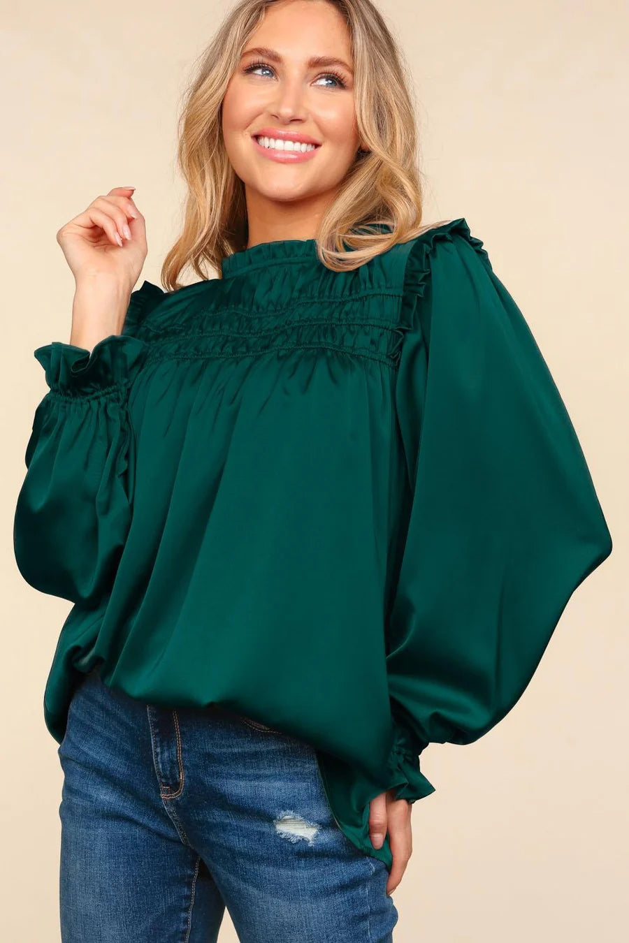 HUNTER GREEN MOCK NECK SATIN WOVEN RUCHED BLOUSE-PLUS