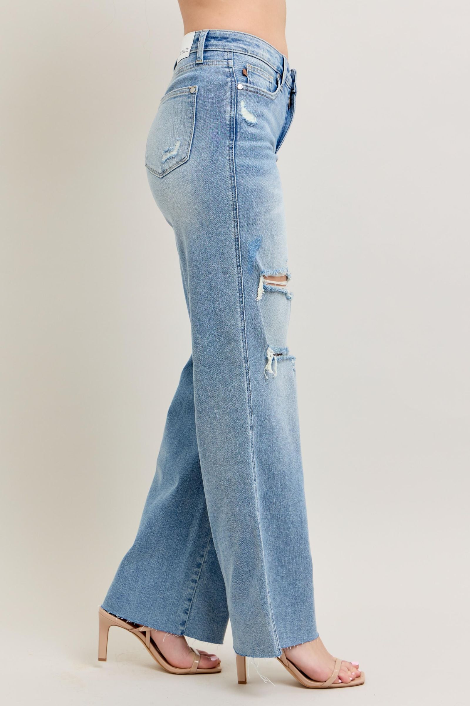 LIGHT WASH MID RISE TUMMY CONTROL DESTROYED WIDE LEG JUDY BLUE DENIM
