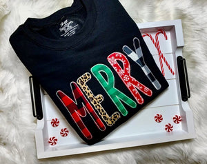 BLACK MERRY SEQUIN APPLIQUED HANDMADE CHRISTMAS TEE