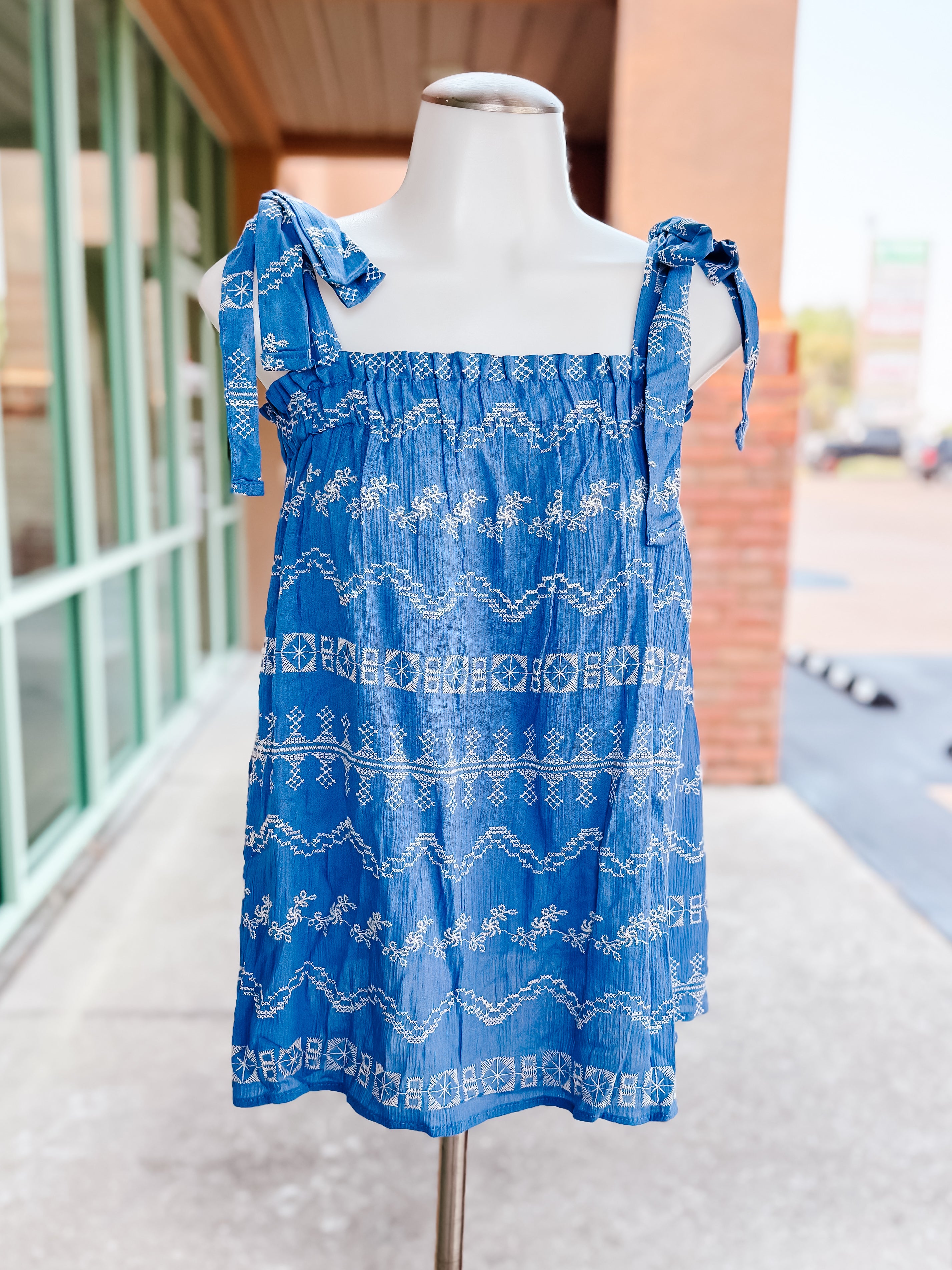 Denim Blue Tie Sleeve Embroidered Tank- SALE