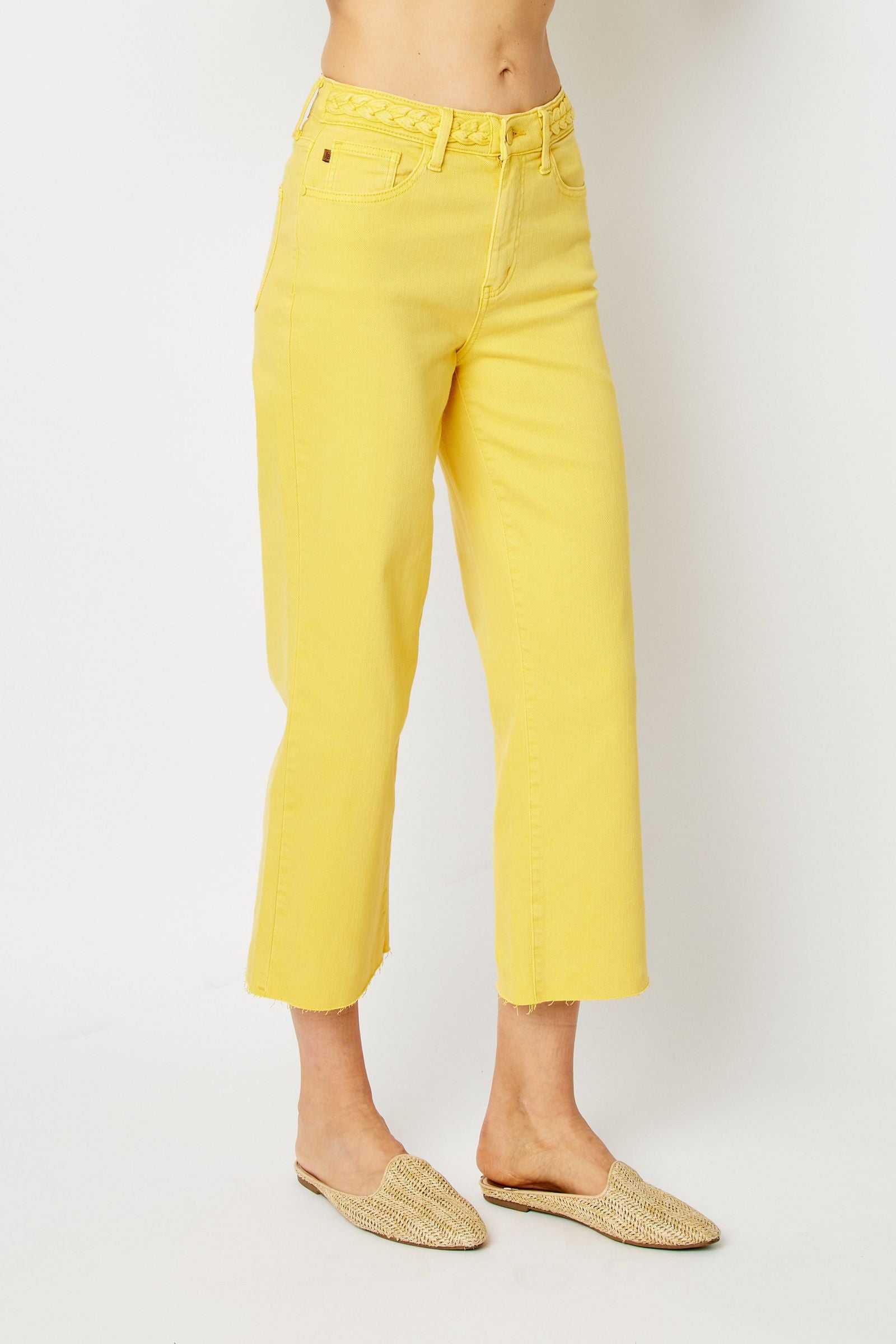 YELLOW HIGH WAIST GARMENT DYED BRAIDED WAISTBAND CROP WIDE LEG DENIM JUDY BLUE