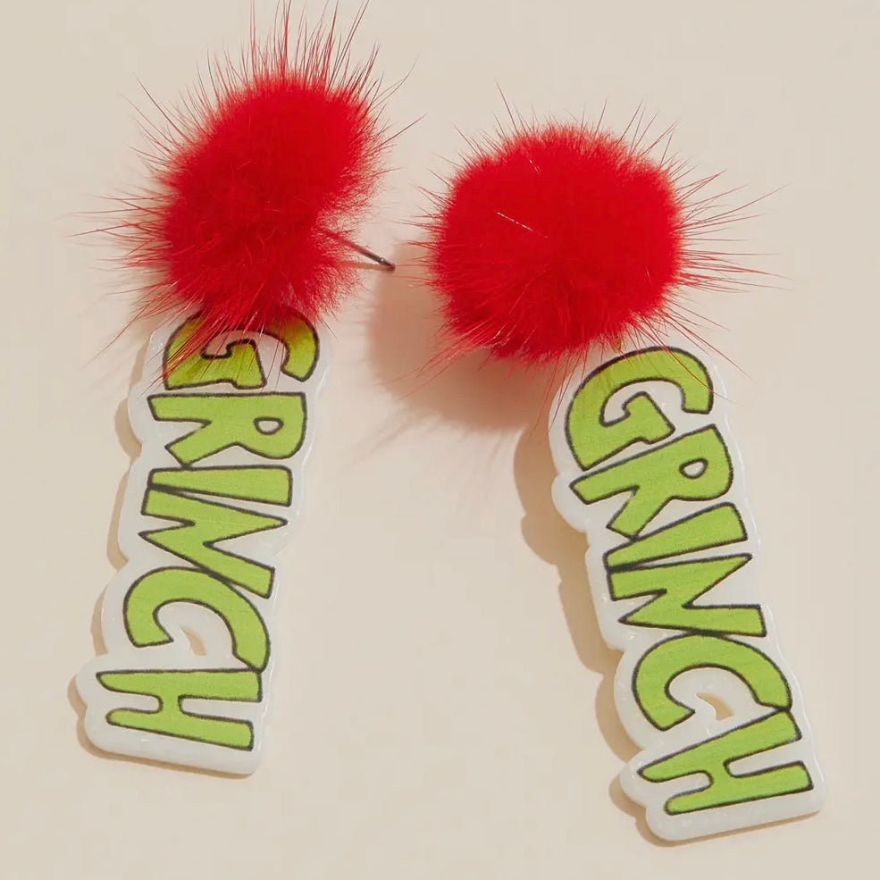 RED GRINCHY POM POM EARRINGS