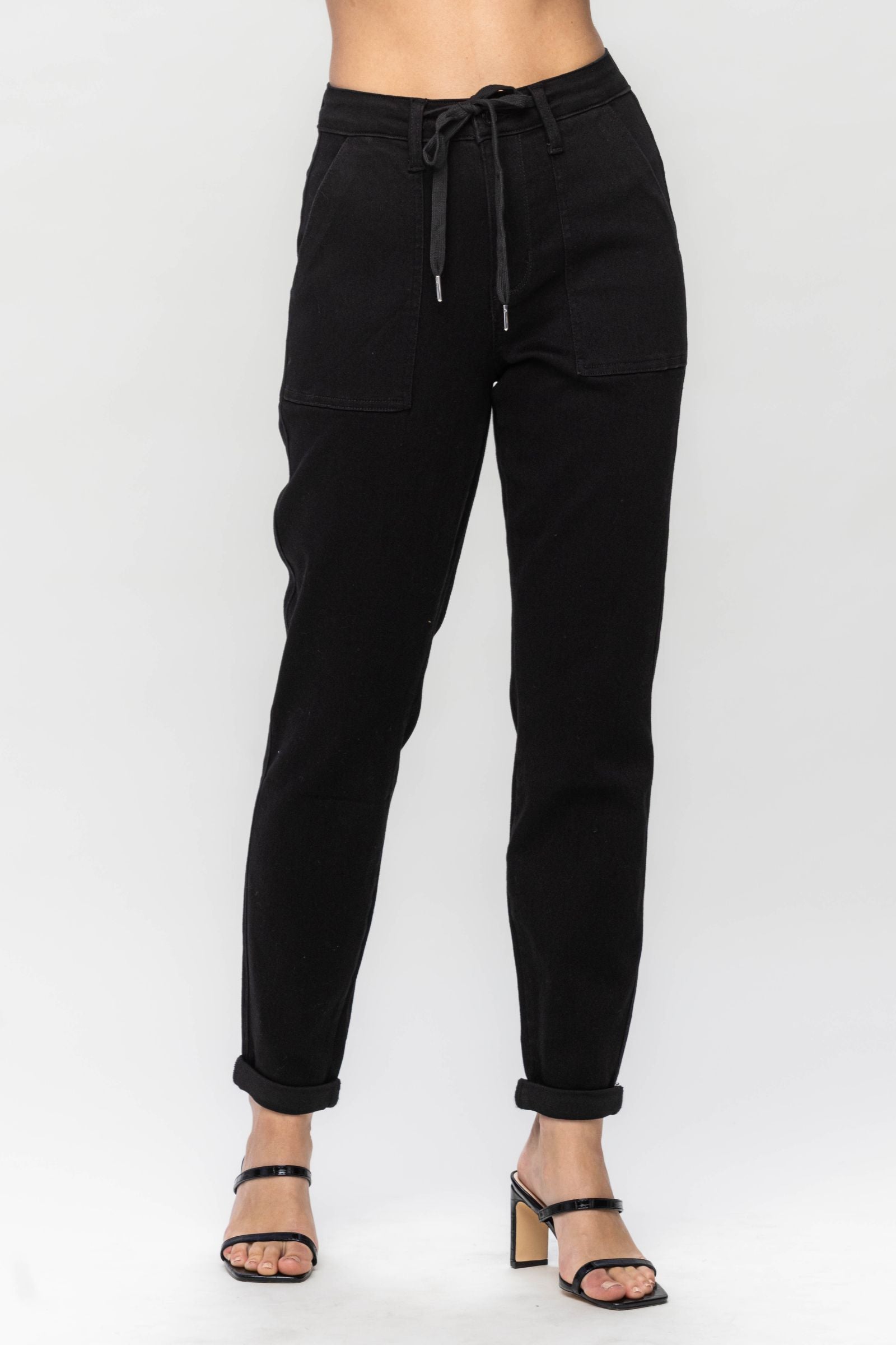 BLACK HIGH WAIST JET BLACK DOUBLE ROLL CUFF JOGGERS JUDY BLUE DENIM