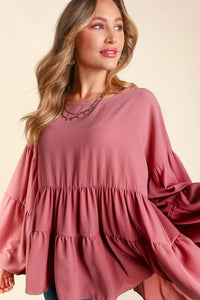 MAUVE BUBBLE WOVEN RUFFLE BABYDOLL TOP-PLUS