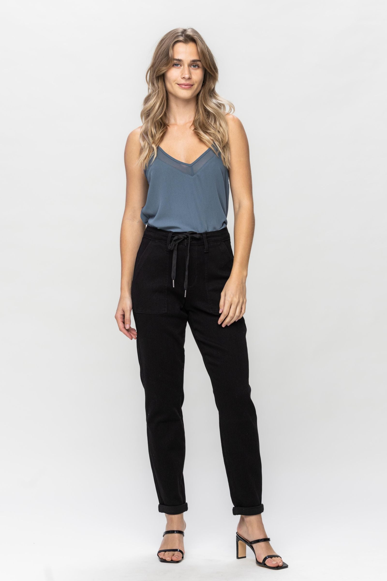 BLACK HIGH WAIST JET BLACK DOUBLE ROLL CUFF JOGGERS JUDY BLUE DENIM