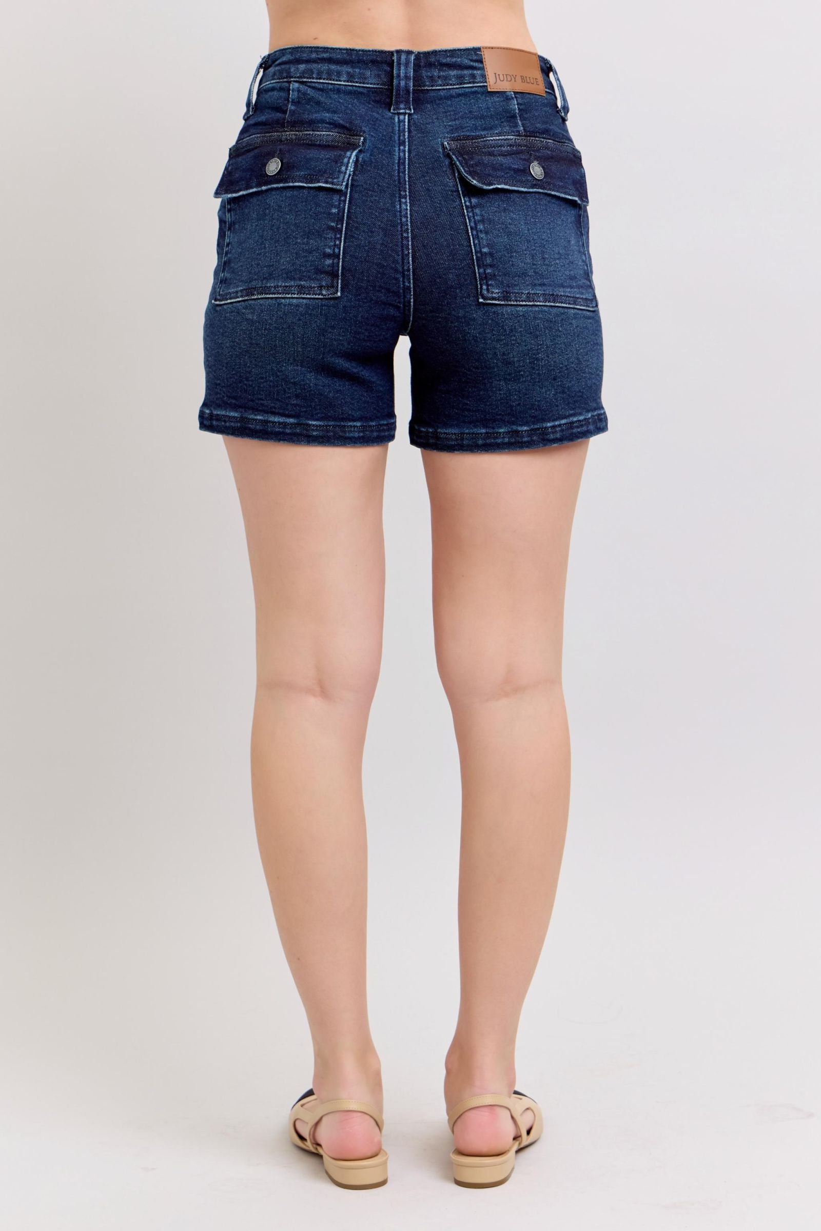 MEDIUM BLUE HIGH WAIST BACK FLAP POCKETED SHORTS JUDY BLUE DENIM-PLUS