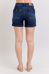 MEDIUM BLUE HIGH WAIST BACK FLAP POCKETED SHORTS JUDY BLUE DENIM-PLUS