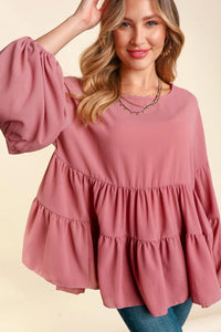 MAUVE BUBBLE WOVEN RUFFLE BABYDOLL TOP-PLUS