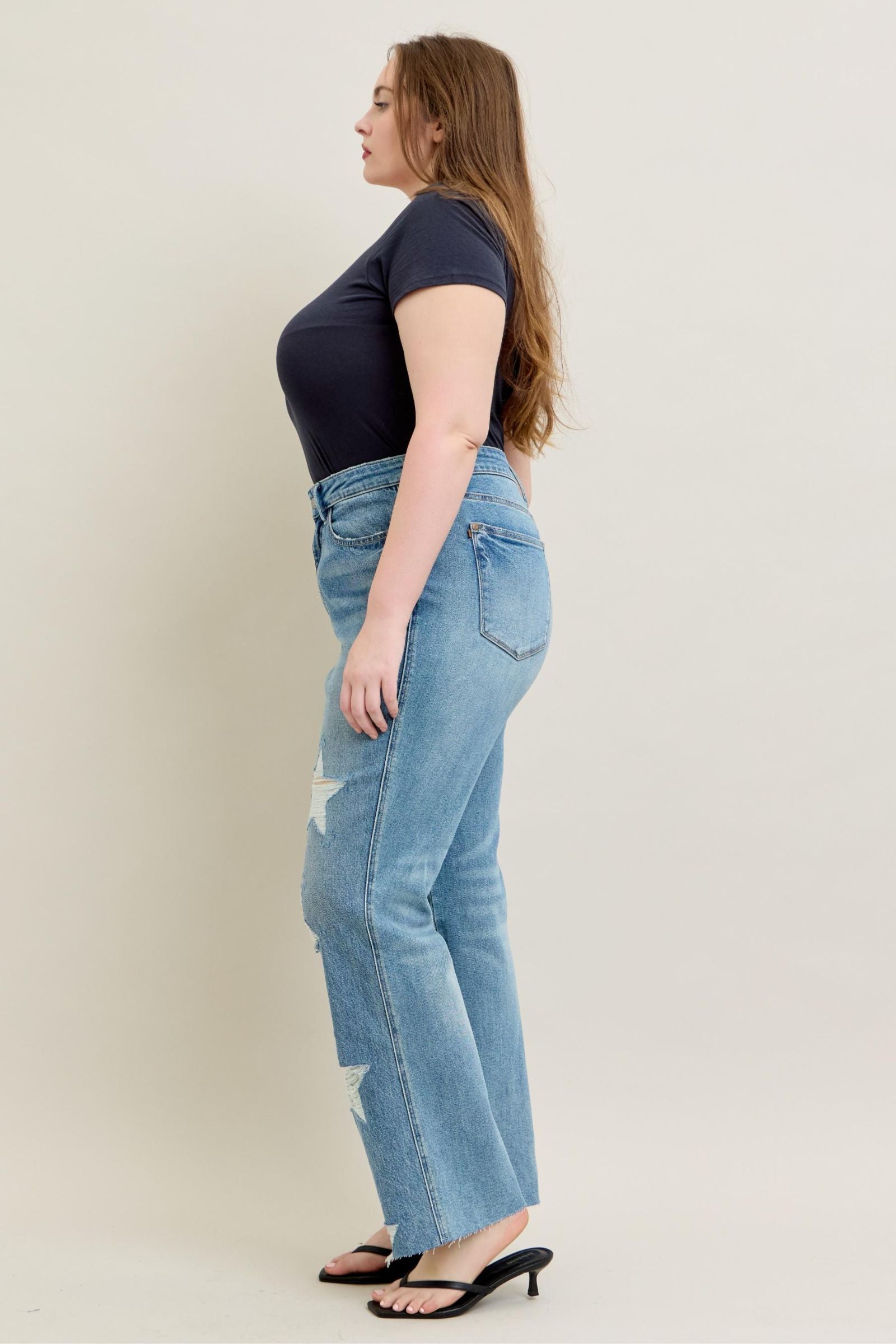 MEDIUM WASH HIGH WAIST RIGID MAGIC STAR SHAPED DESTROYED 90S STRAIGHT JUDY BLUE DENIM-PLUS