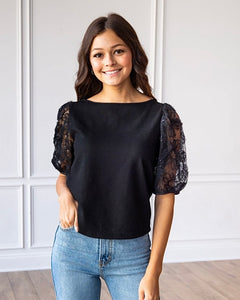 Midnight Blossom Black Sequin Puff Sleeve Top