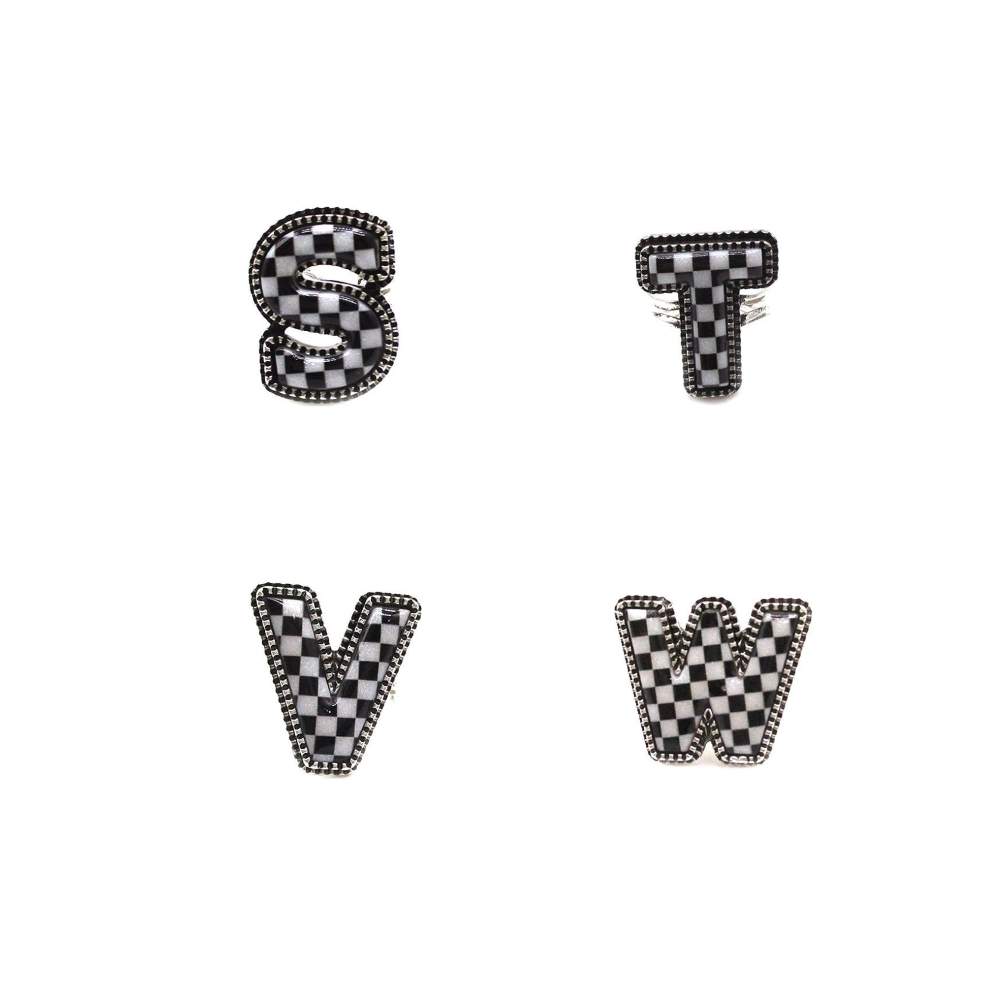 CHECKERED BUBBLE INITIAL BLACK & WHITE ON SILVER ADJUSTABLE CUFF RING