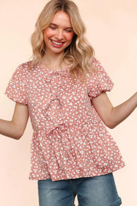 MAUVE WHITE FLORAL FRONT RIBBONS BOW TIE BABYDOLL KNIT TOP-PLUS