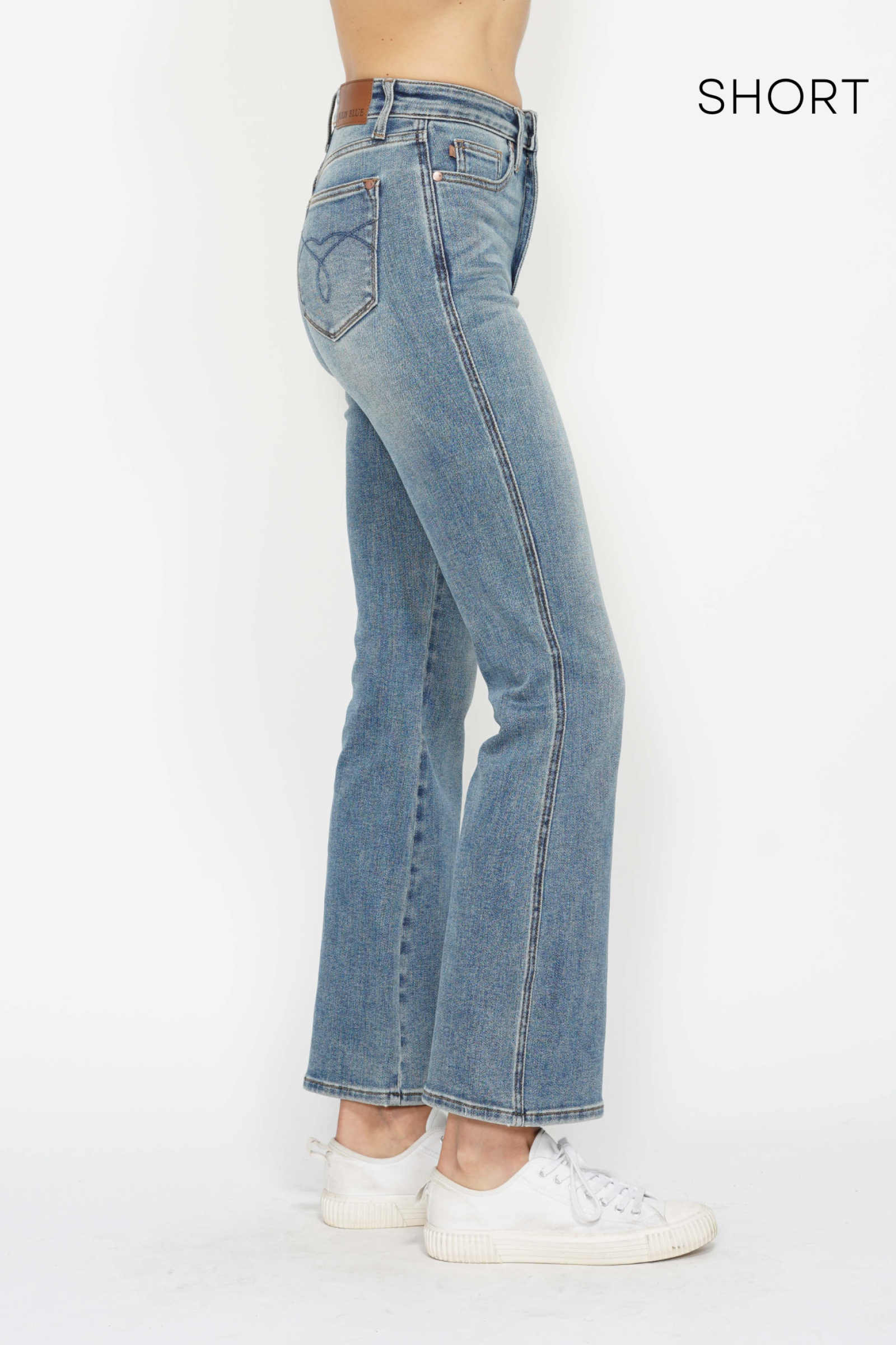 *SHORT INSEAM* HIGH WAIST TUMMY CONTROL MEDIUM WASH BACK POCKET EMBROIDERY BOOTCUT JUDY BLUE DENIM