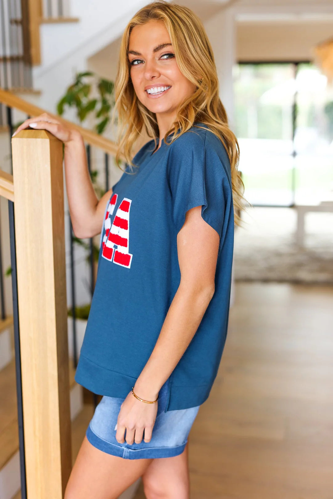 NAVY "USA" RWB PATCH NOTCHED NECK DOLMAN VNECK TOP- PLUS- SALE