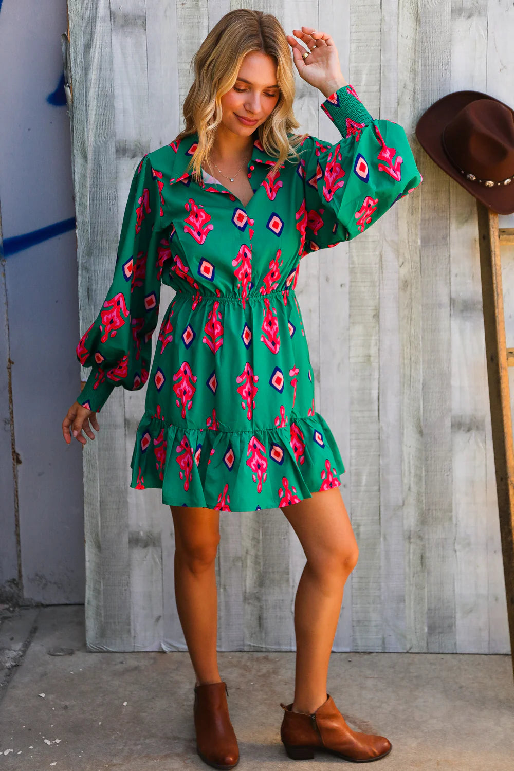 ROYAL GREEN PINK MULTI AZTEC TRIBAL SMOCKED CUFF SLEEVES LONGSLEEVE DRESS