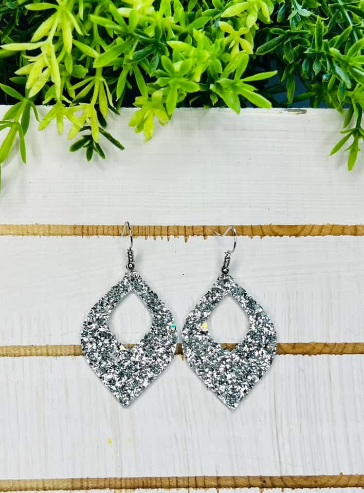 TEARDROP DIAMOND GLITTER OPEN-CENTER DESIGNED LEATHER HANDMADE EARRINGS BY B.O.D